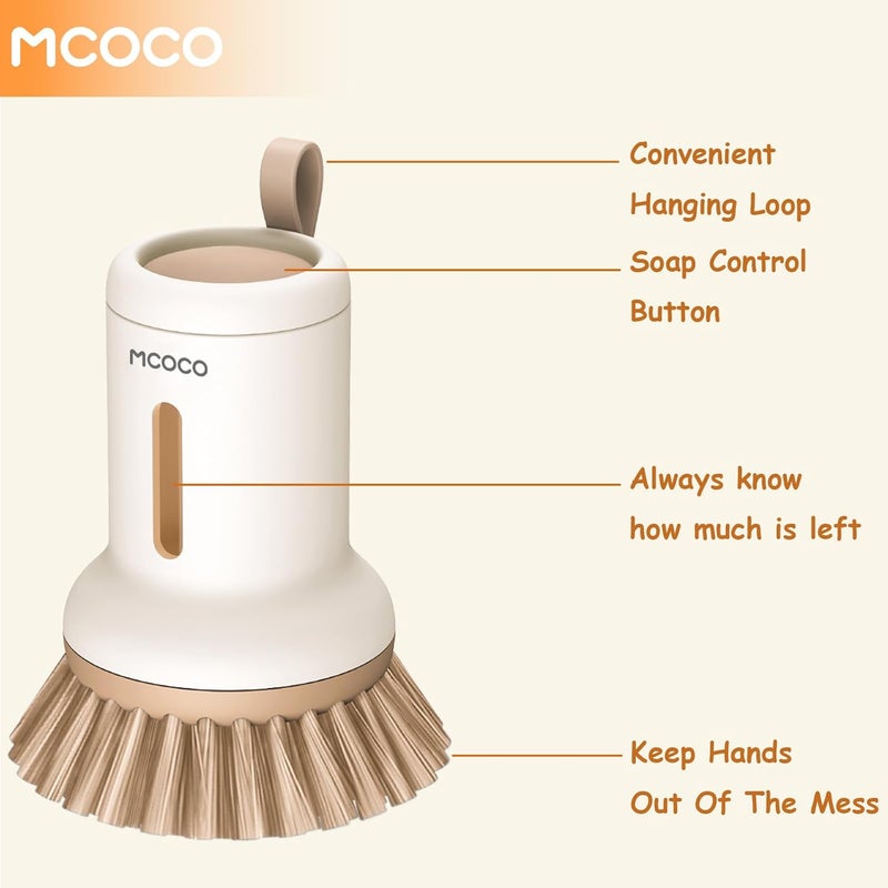 MOCOCO Soap Dispensing Palm Brush Scrub Brush with Soap Dispenser Palm Dish Brush Soap Dispenser Brush Dish Scrub Brush for Kitchen Cleaning, Pan, Pot, Sink 2 Pack Yellow - Image 3